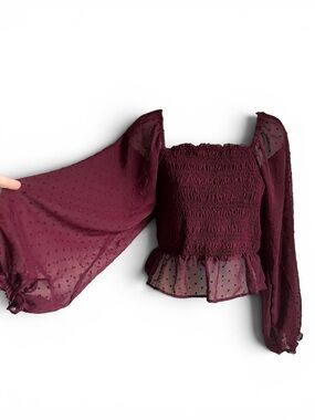 Very J Top Size S Coquette Cropped Milkmaid Smocked Sheer Bishop Sleeve Romantic
